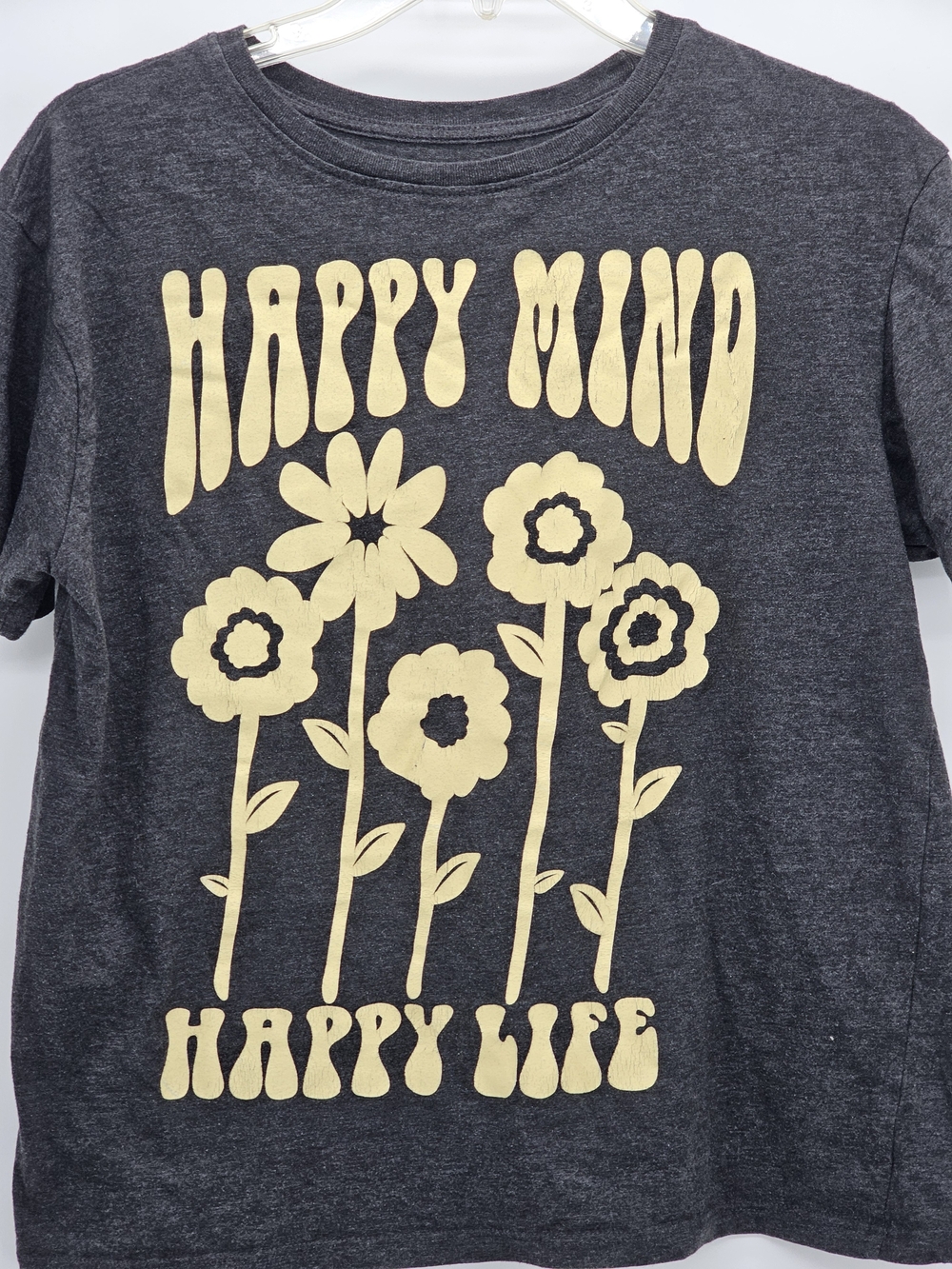 Happy Mind Happy Life" Graphic Tee - Charcoal with Butter Yellow Print
